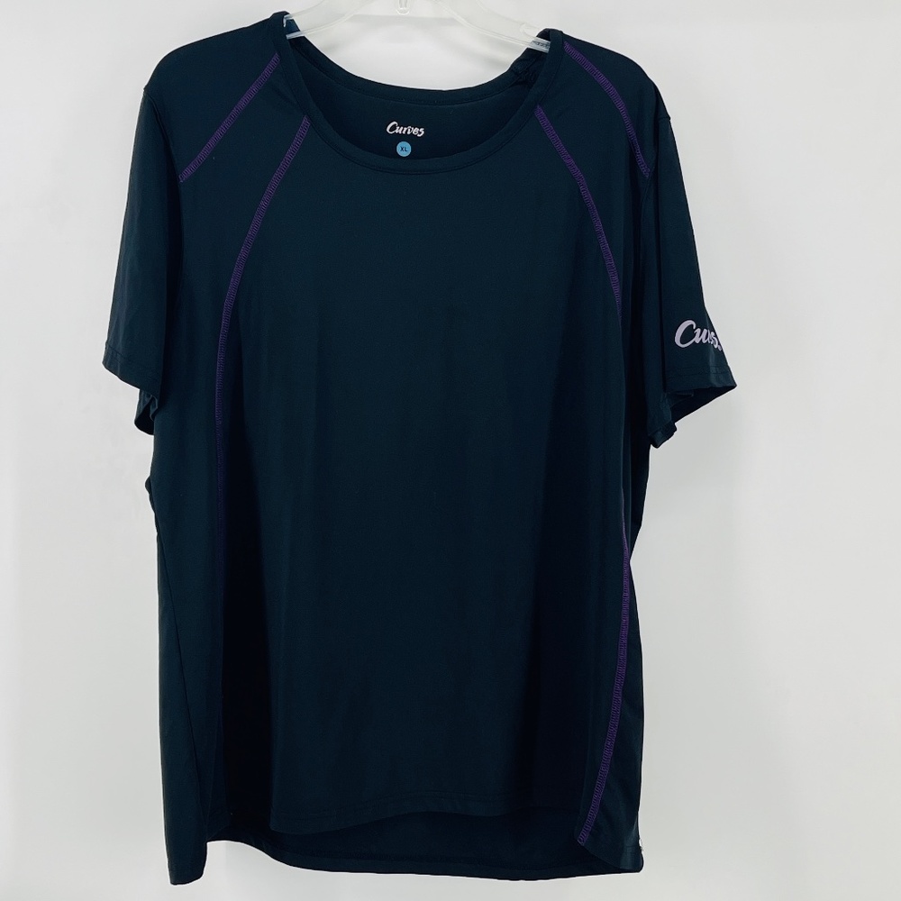 Curves workout shirt women's Extra Large black and purple stitching Poly Spandex